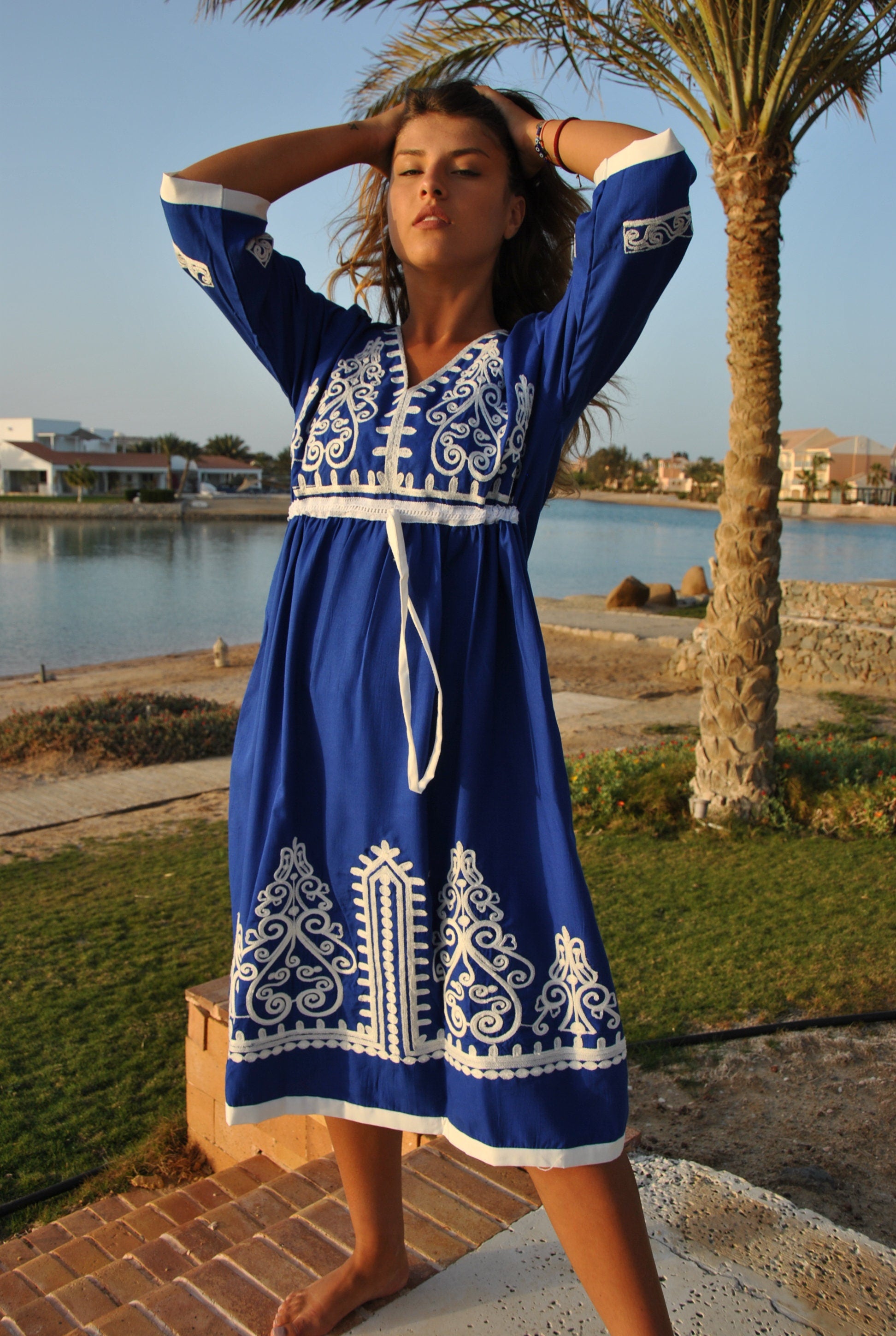 blue embroidered dress Blue Tunic embroidered kaftan, Bohemian embroidery tunic dress, embroi –  Gipci