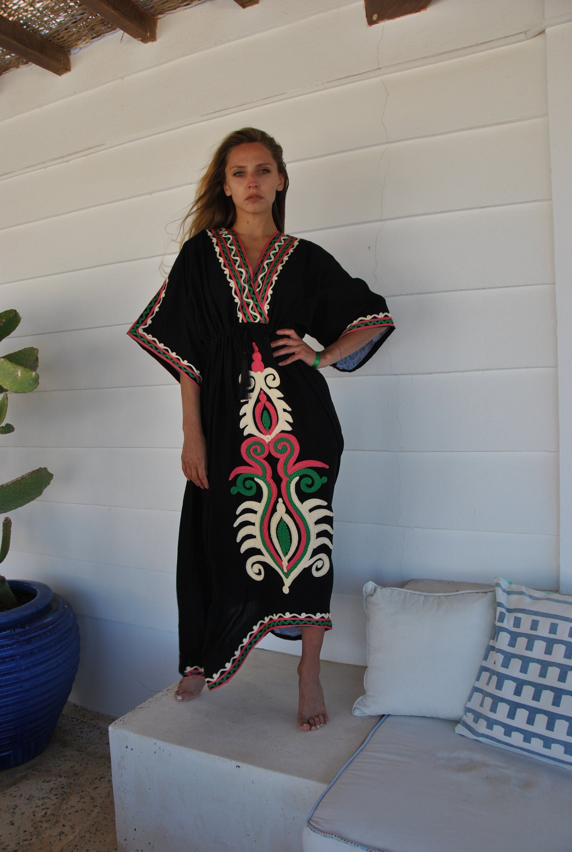 Kaftan dress with detailed neckline