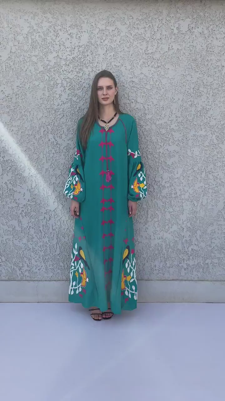 Teal Green Egyptian cotton Kaftan, caftan Kaftan maxi dress, embroider –  Gipci