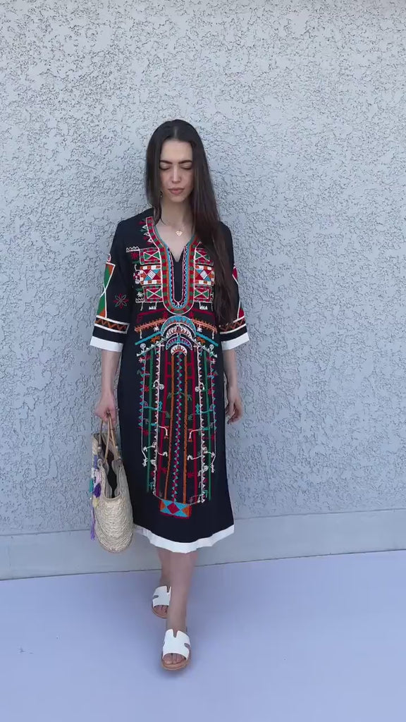 Siwa Black Tunic embroidered kaftan, Bohemian embroidery tunic dress, Egyptian cotton, Resort caftan, Summer, party, casual, home dress