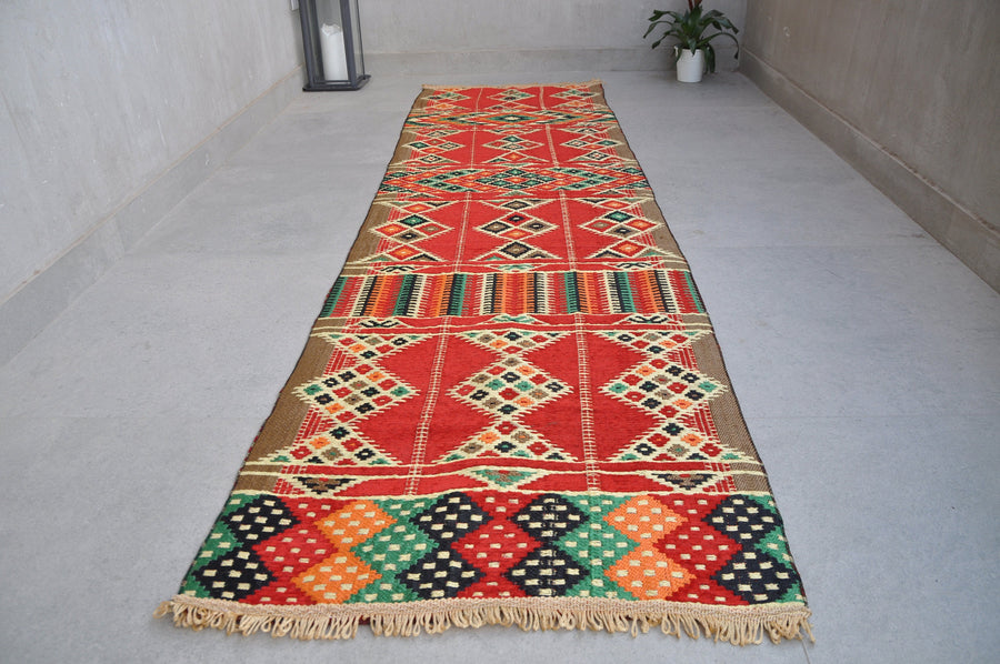 Kilim Runner, Boho hallway Kilim Rug, Bohemian bright colored rug, Red, 2.3'x 8.6' (69cm x 250cm)
