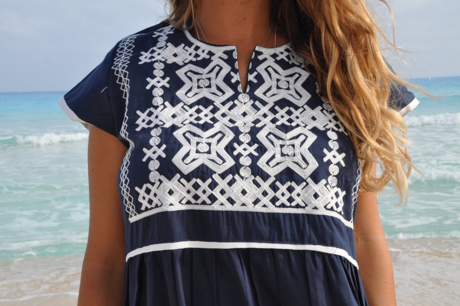 Navy Blue Tunic embroidered dress, Bohemian embroidery tunic, Egyptian cotton. Summer, beach, resorts, Gypsy dress.
