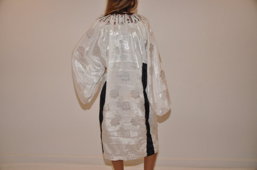 Vintage white Bedouin hand embroidered Silk Kimono dress, Collector's dress, Siwa hand embroidered dress