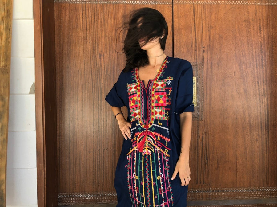 Siwa Navy Blue Multicolor embroidered Kaftan dress, Cotton Kaftan, caftans for women, Summer Kaftan, Embroidered kaftan, caftans, Egyptian