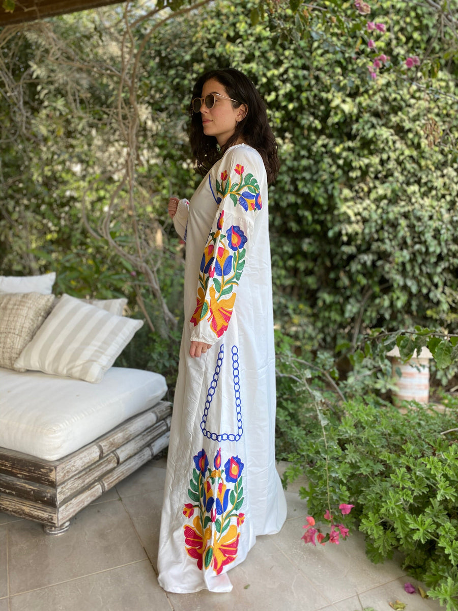 Boho white summer Kaftan, Long sleeve cotton Kaftan dress, Colorful embroidered Kaftan dress, kaftan maxi dress, Caftans for women, Caftans