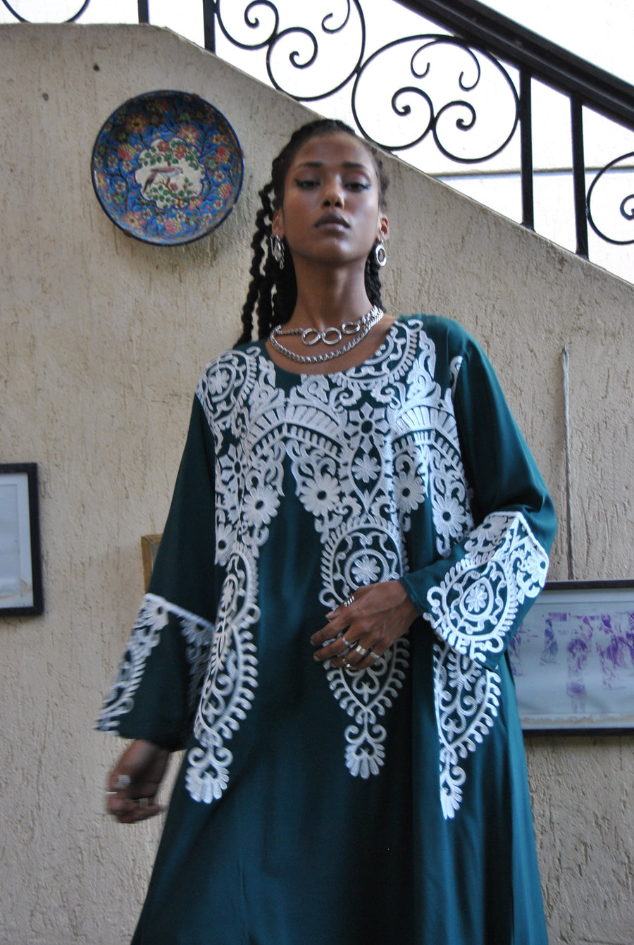 Plus size Green Fall/Winter Kaftan, Long sleeve house dress, Plus size Moroccan Kaftan, embroidered cotton caftan, Long sleeve Caftan