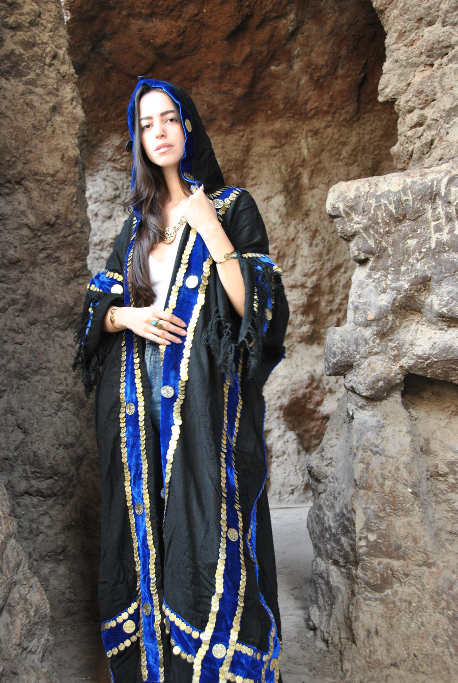 Bedouin gypsy hand loomed Kimono, Wool Winter jacket, hand stitched coins, hooded jacket, Wool Gypsy Jacket, Winter Abaya, Abayas for women