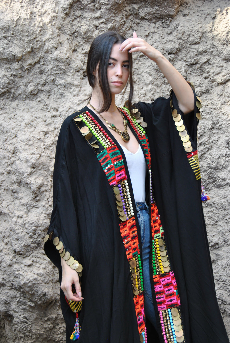 Vintage Black gypsy Cotton Kimono with hand stitched coins, festival Kimono, bohemian kimono, Hooded kimono, Light wool / cotton Kimono