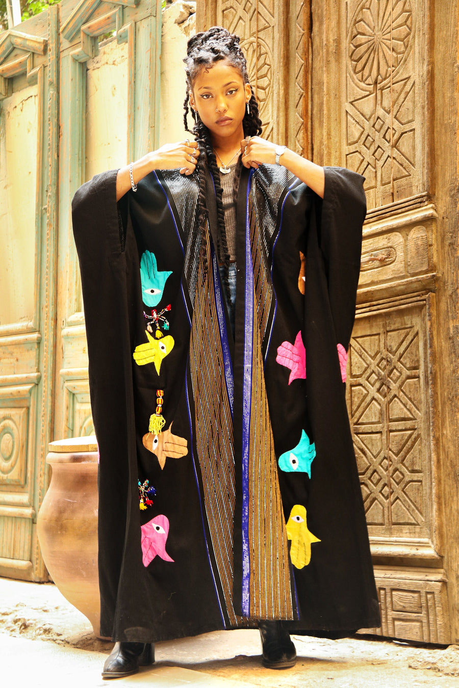 Hamsa black hand loomed Abaya, Black Wool abaya for women, embroidered Abaya, Abayas, Embroidered Kimono, Kimonos for women, Gypsy Kimonos