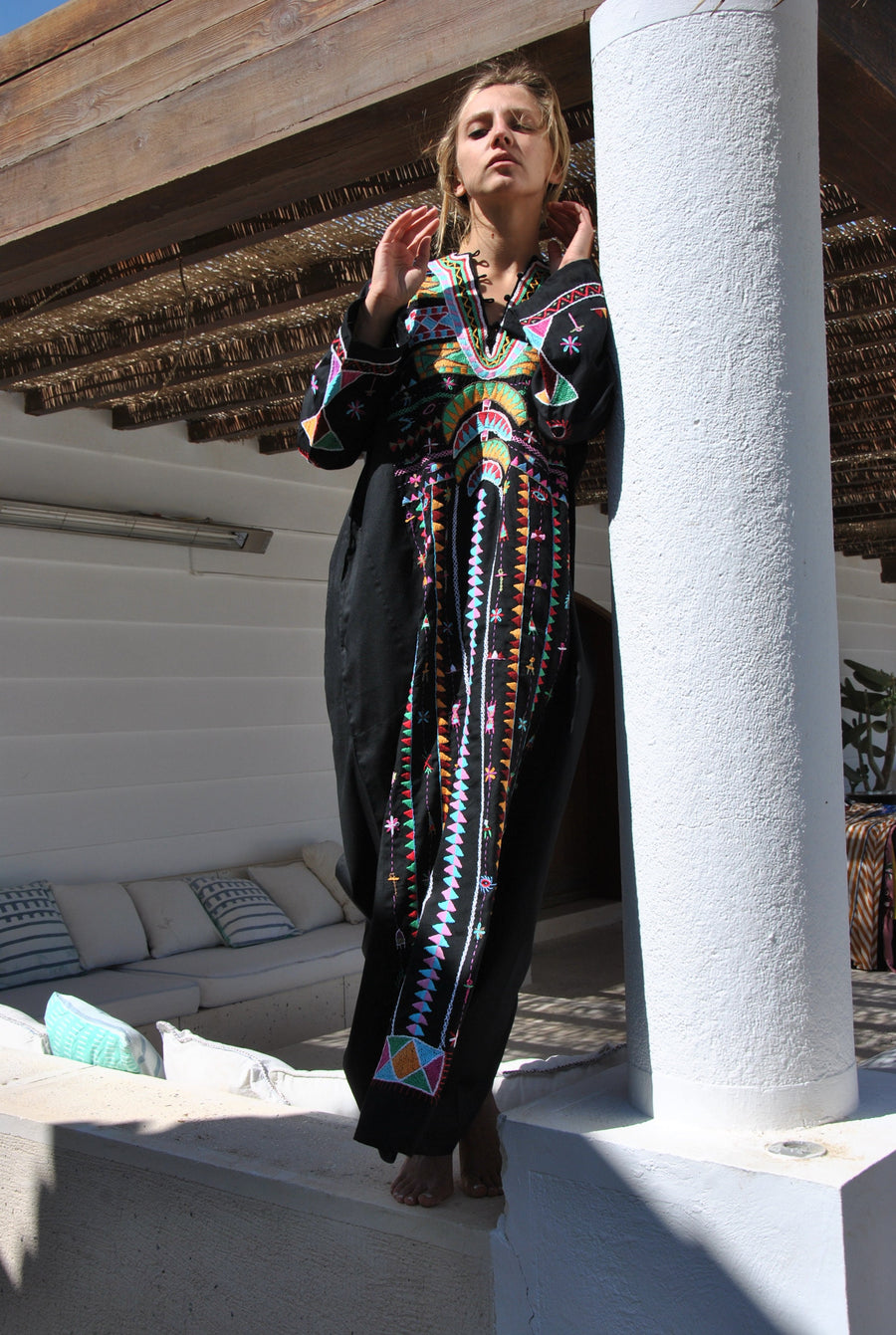 Black hand embroidered Siwa Kaftan, hand embroidered cotton caftan, caftans for women, women's kaftans, embroidered kaftan, boho kaftans