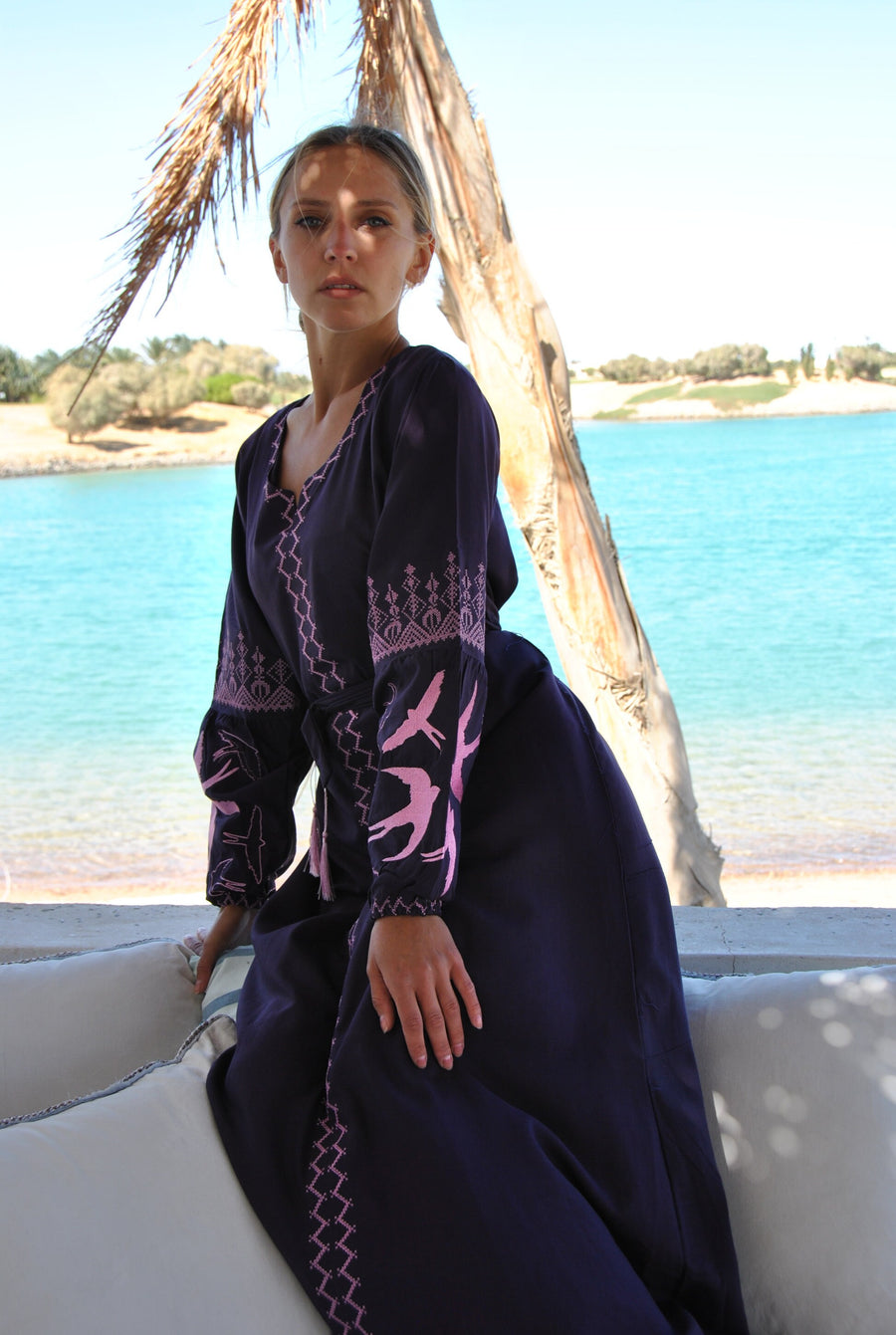 Purple Cotton Caftan with belt, birds embroidery, caftans for women, embroidered Caftan dress, Caftan maxi dress, Caftans for women, Caftans