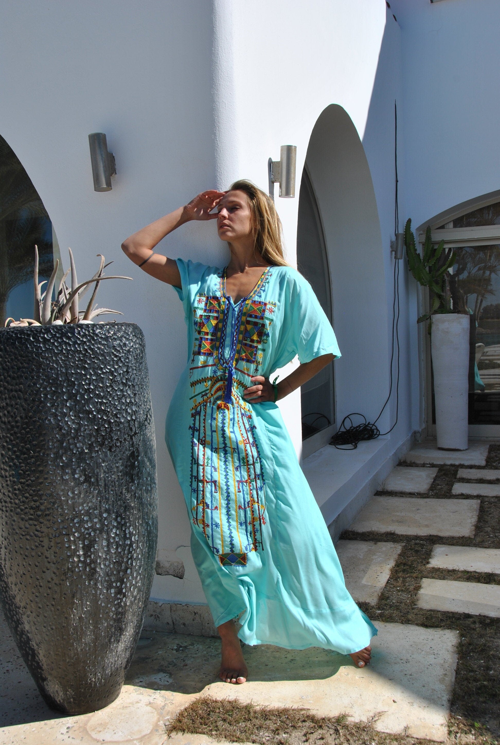 Turquoise Siwa embroidered Kaftan dress, Kaftan, caftans for wo – Gipci