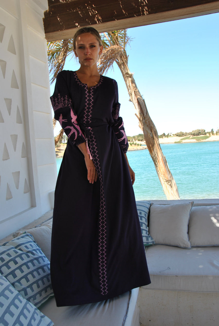 Purple Cotton Caftan with belt, birds embroidery, caftans for women, embroidered Caftan dress, Caftan maxi dress, Caftans for women, Caftans