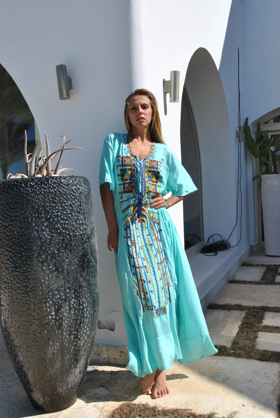 Turquoise Siwa embroidered Kaftan dress, Cotton Kaftan, caftans for women, Summer Kaftan, Embroidered caftans, Egyptian cotton caftan