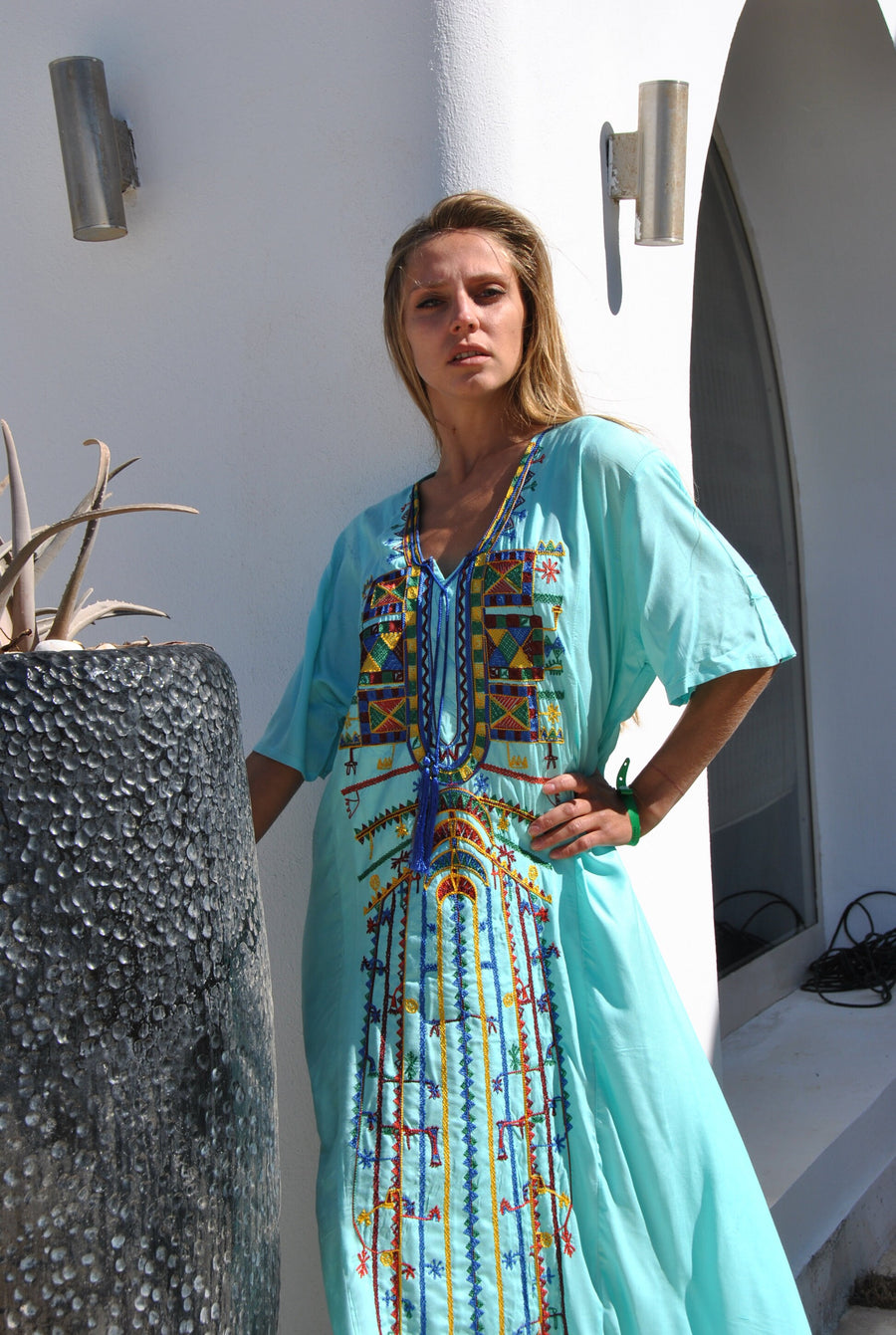 Turquoise Siwa embroidered Kaftan dress, Cotton Kaftan, caftans for women, Summer Kaftan, Embroidered caftans, Egyptian cotton caftan