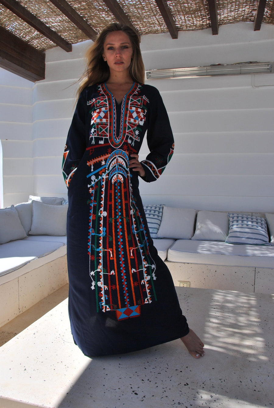 Siwa Navy Blue embroidered cotton Caftan with pocket, Kaftan maxi, embroidered Caftan dress, Caftan maxi dress, Caftans for women, Caftan