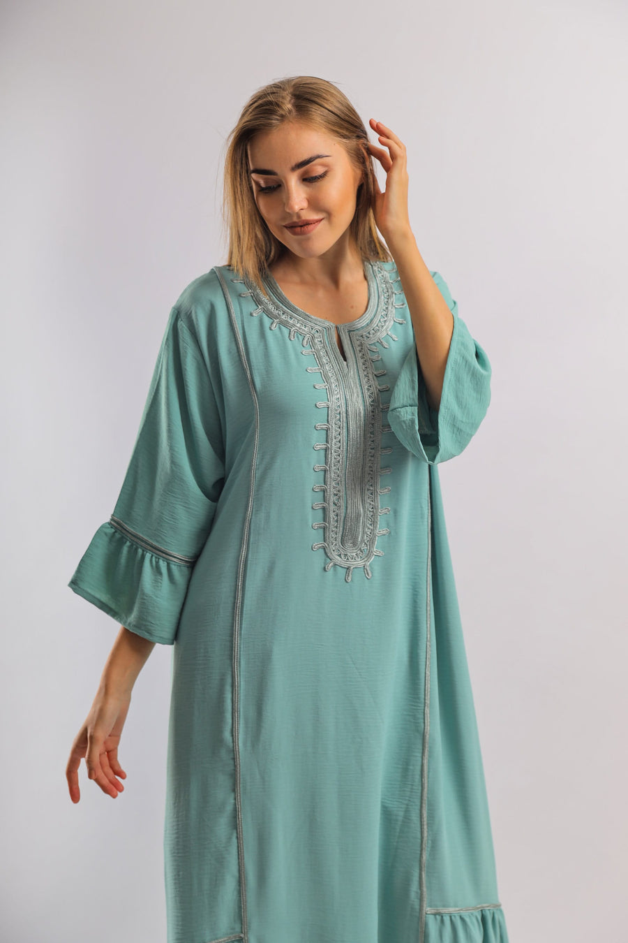 Luxurious light turquoise linen/cotton caftan, chic caftan, Summer Kaftan, Egyptian cotton/linen, Caftans for women, cotton caftan