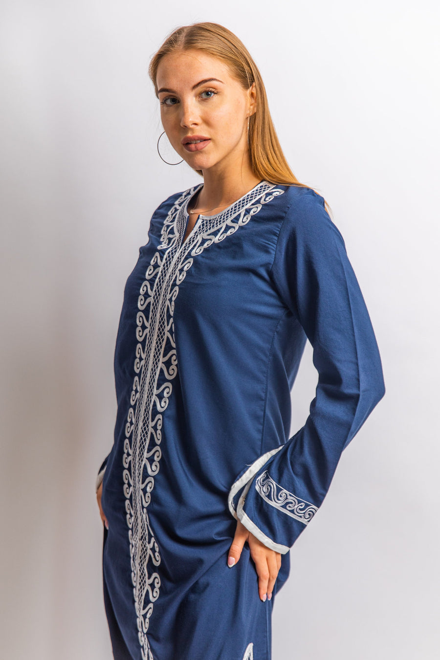 Navy blue Autumn / Winter Bohemian Maxi kaftan dress, Long sleeve cotton caftan, Chic embroidered caftan, Egyptian cotton, caftans for women