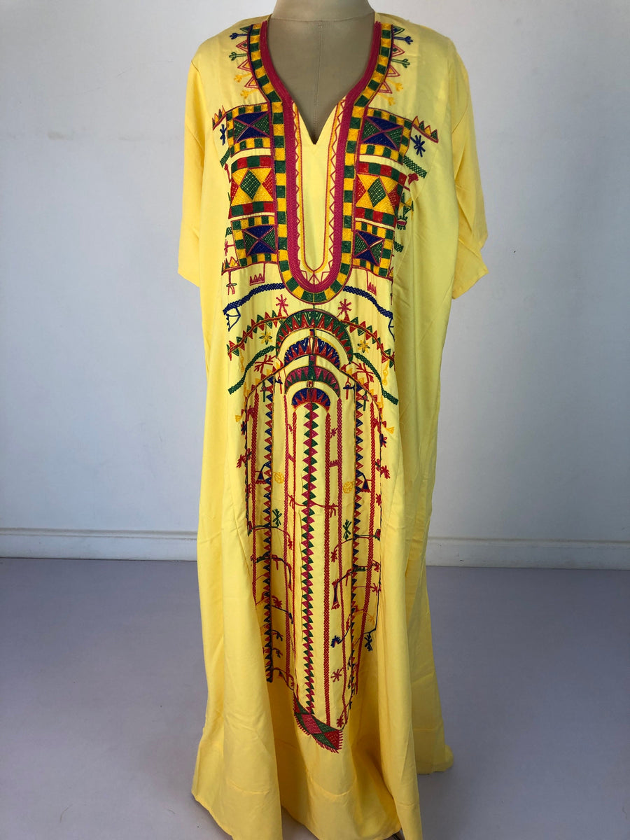 Siwa Yellow Multicolor embroidered Kaftan dress, Cotton Kaftan, caftans for women, Summer Kaftan, Embroidered kaftan, caftans, Egyptian