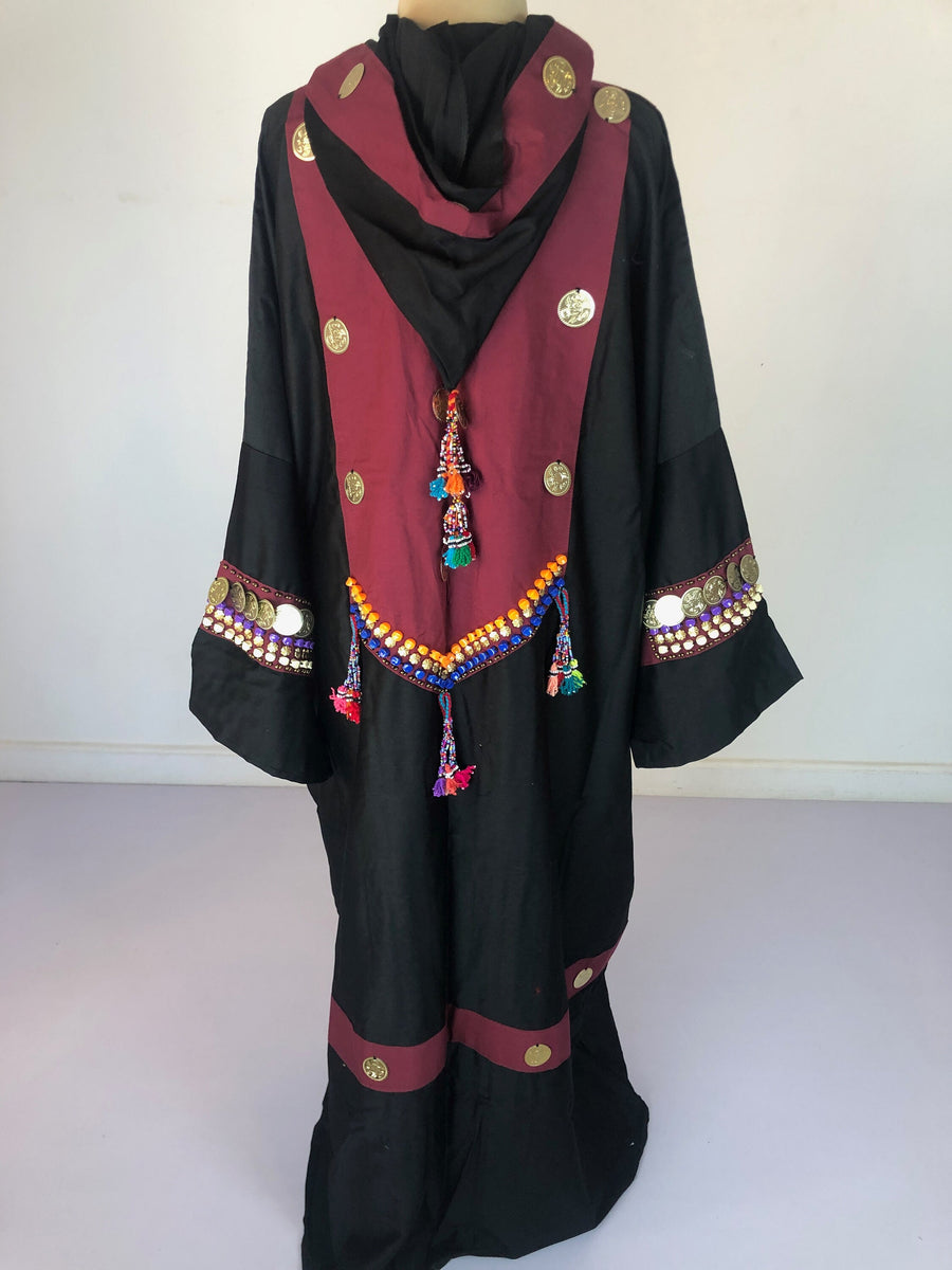 Black Kimono hooded jacket with hand stitched coins and accessories, festival Kimono, bedouin kimono, Cotton Kimono, unique kimono