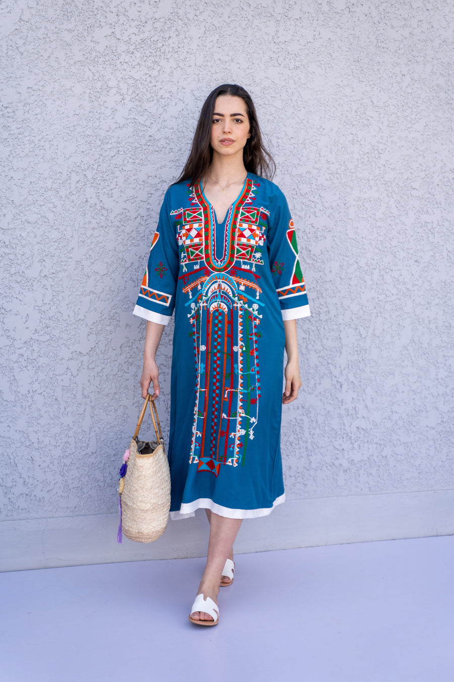 Siwa baby blue Tunic embroidered kaftan, Bohemian embroidery tunic dress, Egyptian cotton, Resort caftan, Summer, party, casual, home dress