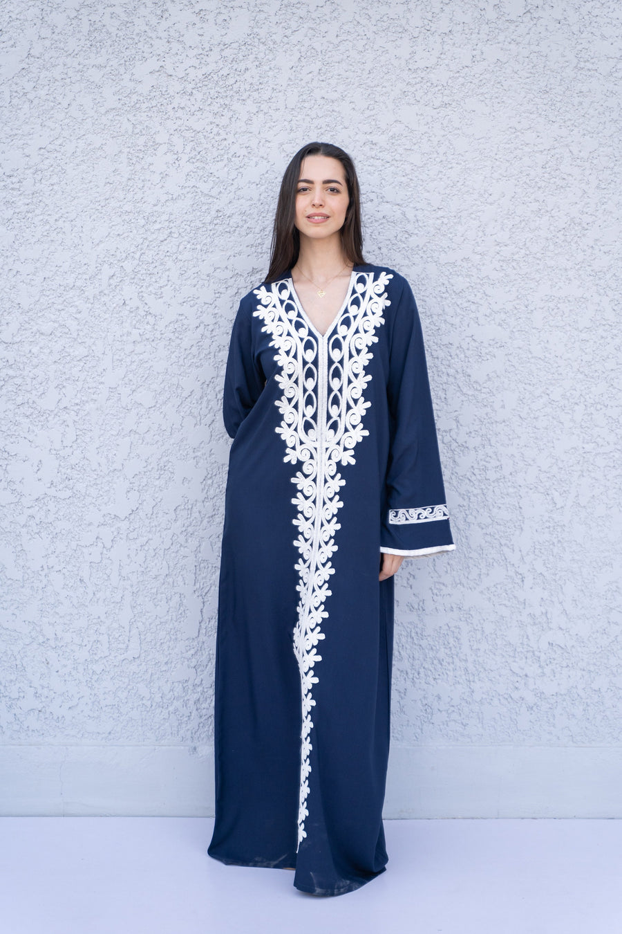 Navy blue Autumn / Winter Bohemian Maxi kaftan dress, Long sleeve caftan, Chic embroidered caftan, High quality Egyptian cotton.