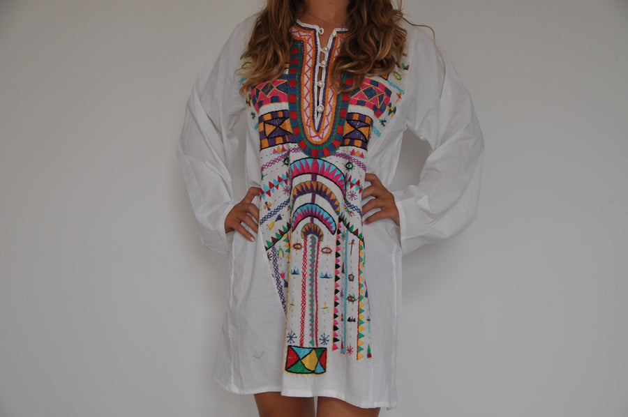 Vintage Bedouin Tunic hand embroidered dress, Boho dress, Egyptian cotton. Summer, beach, resorts, colorful, eccentric dress, siwa cotton