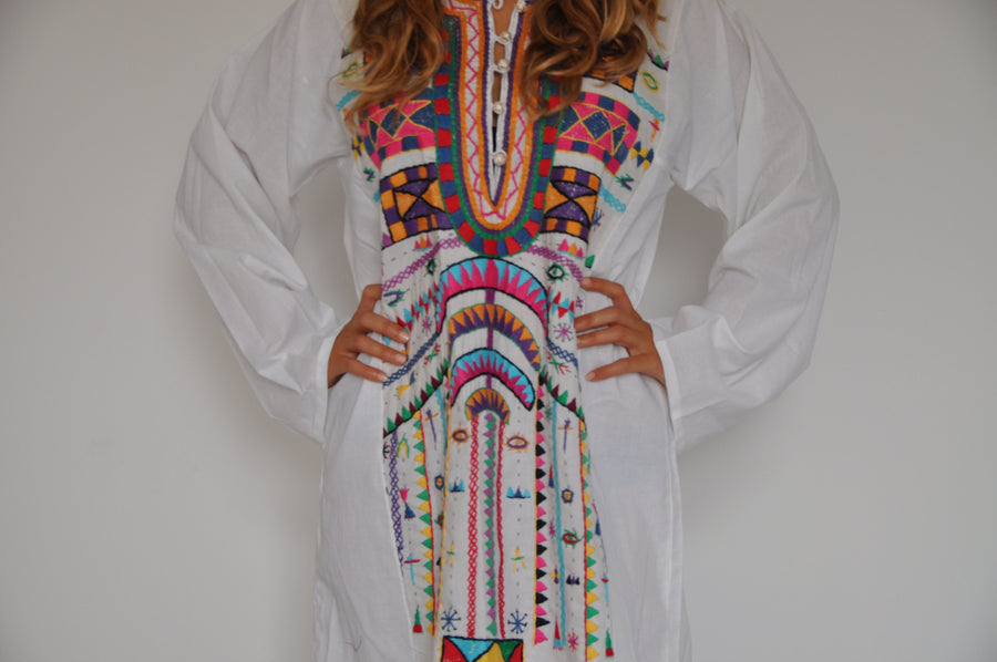 Vintage Bedouin Tunic hand embroidered dress, Boho dress, Egyptian cotton. Summer, beach, resorts, colorful, eccentric dress, siwa cotton