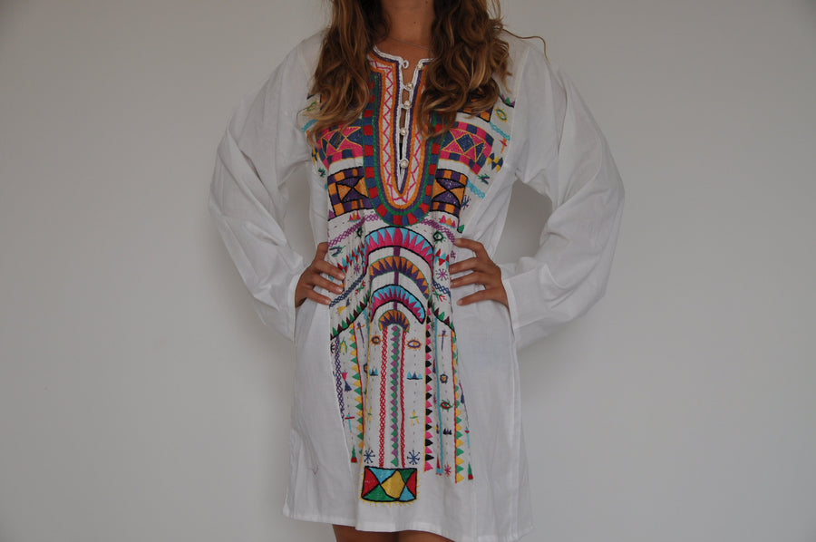 Vintage Bedouin Tunic hand embroidered dress, Boho dress, Egyptian cotton. Summer, beach, resorts, colorful, eccentric dress, siwa cotton