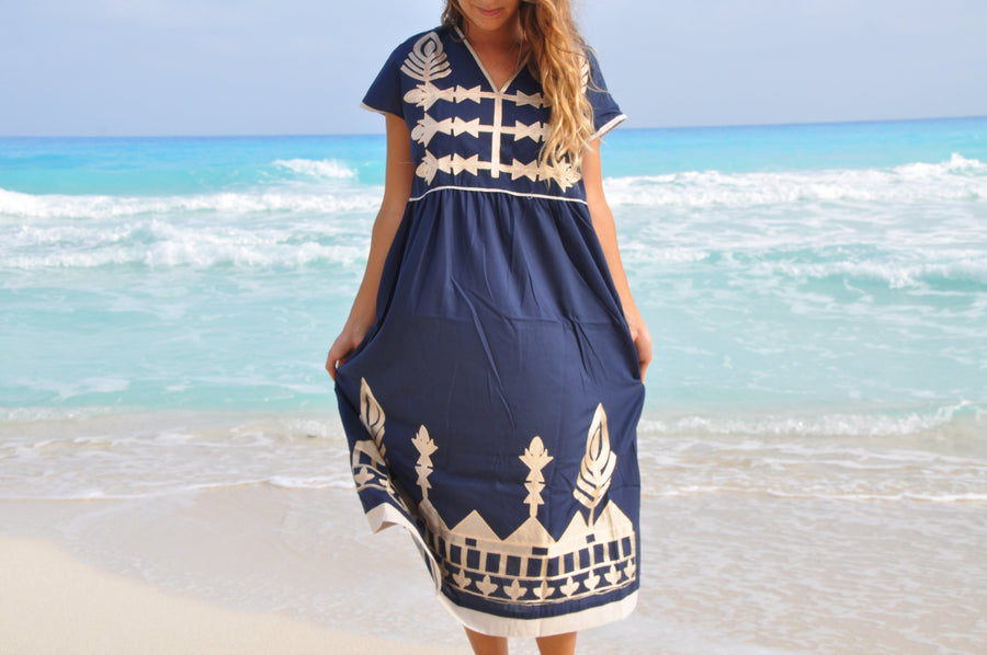 Navy Blue Tunic embroidered kaftan dress, Bohemian embroidery tunic dress, Egyptian cotton. Summer, beach, resorts dress