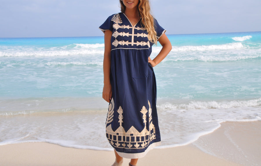 Navy Blue Tunic embroidered kaftan dress, Bohemian embroidery tunic dress, Egyptian cotton. Summer, beach, resorts dress