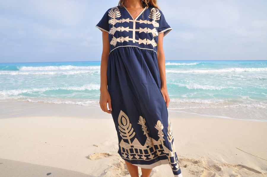 Navy Blue Tunic embroidered kaftan dress, Bohemian embroidery tunic dress, Egyptian cotton. Summer, beach, resorts dress