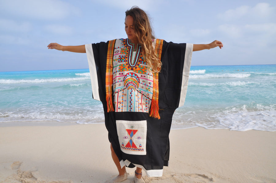 Vintage Bedouin Kaftan hand embroidered dress, Gypsy maxi dress, Loose fit butterfly style dress, Egyptian cotton. Free size