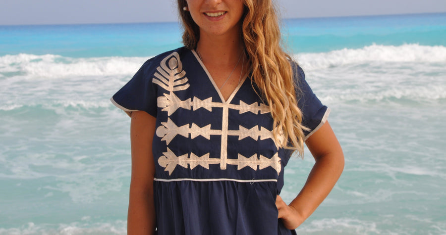 Navy Blue Tunic embroidered kaftan dress, Bohemian embroidery tunic dress, Egyptian cotton. Summer, beach, resorts dress