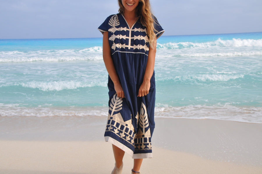 Navy Blue Tunic embroidered kaftan dress, Bohemian embroidery tunic dress, Egyptian cotton. Summer, beach, resorts dress