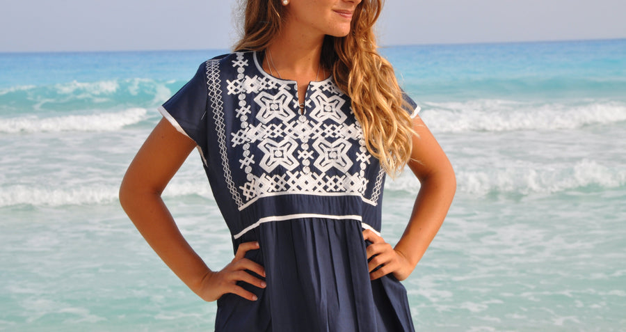 Navy Blue Tunic embroidered dress, Bohemian embroidery tunic, Egyptian Gipci Navy Blue Tunic embroidered dress, Bohemian embroidery tunic, Egyptian Gipci