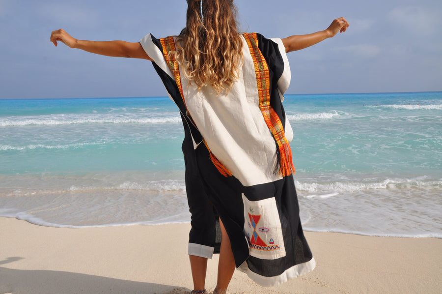 Vintage Bedouin Kaftan hand embroidered dress, Gypsy maxi dress, Loose fit butterfly style dress, Egyptian cotton. Free size
