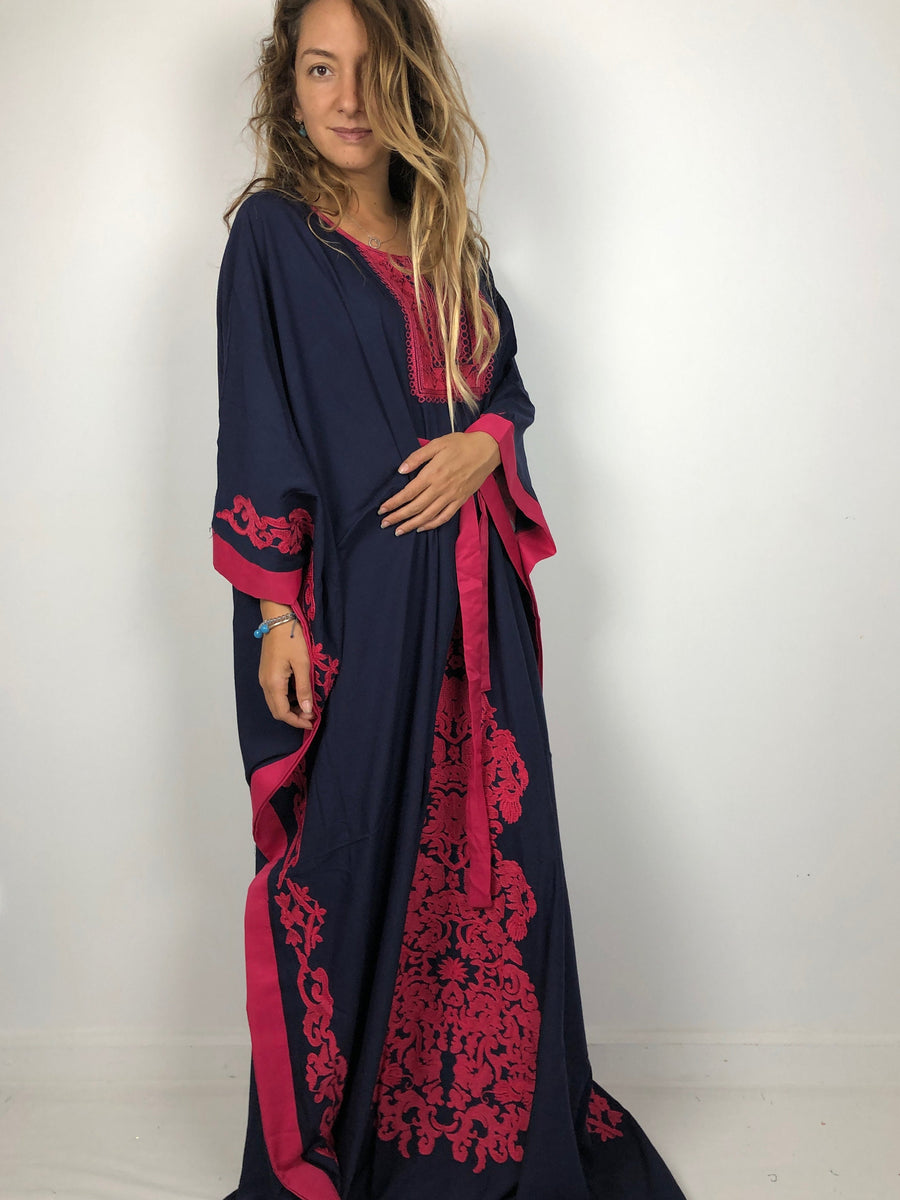 Elegant Navy blue butterfly embroidered Plus size Kaftan with belt, Loose fit Bohemian Caftan, Cotton Kaftan, Exotic Kaftan, Moroccan Caftan