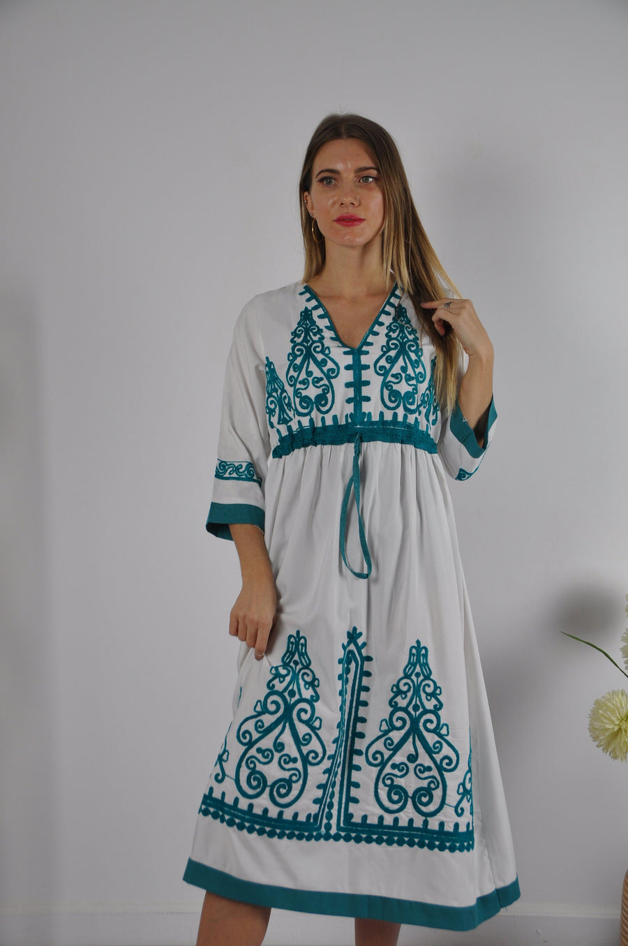 Fresh summer Tunic embroidered kaftan dress, Bohemian embroidery tunic dress, Egyptian cotton. Summer, party, casual, home dress
