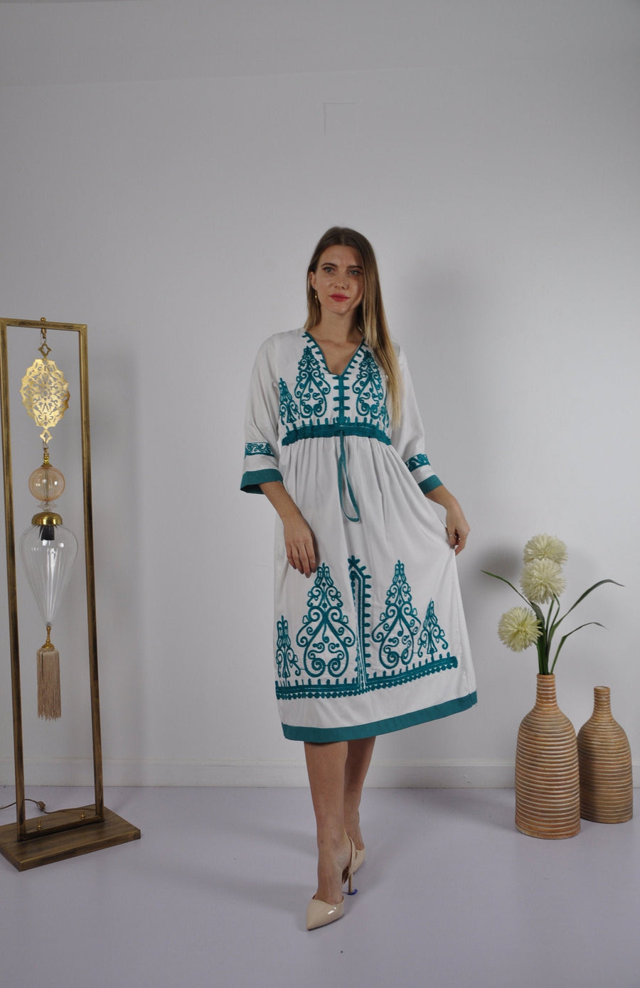Fresh summer Tunic embroidered kaftan dress, Bohemian embroidery tunic dress, Egyptian cotton. Summer, party, casual, home dress