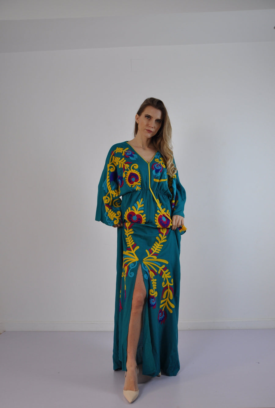 Vibrant Turquoise summer Kaftan, Embroidered Kaftan dress, Kaftans for women, Boho maxi Kaftan, Bohemian maxi dress, Boho summer Kaftan,