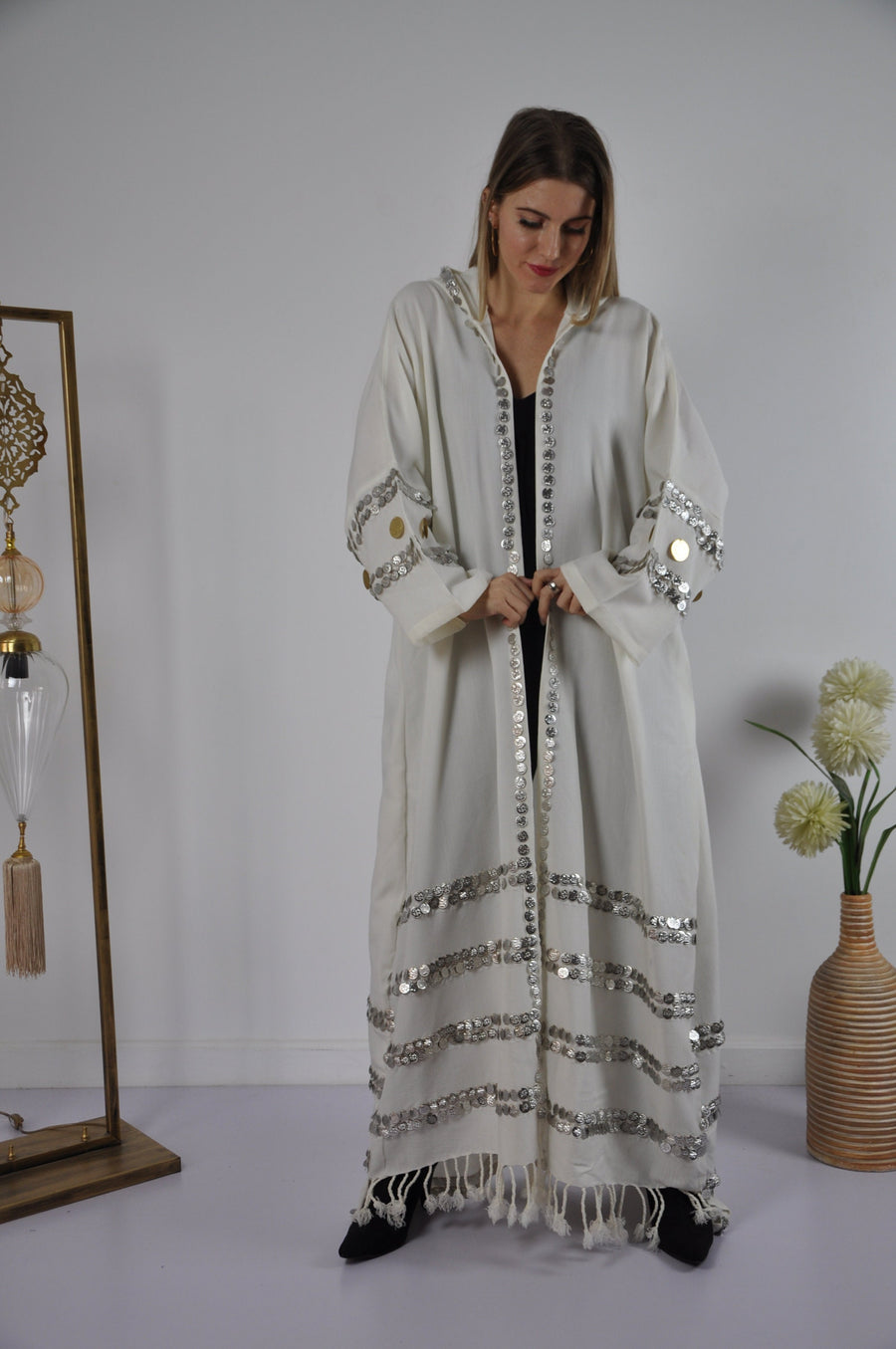 Off white Vintage Morocco Kimono, Handmade Abaya, Summer Abaya, Hooded kimono, Light wool / cotton Kimono, Abaya, Arabic Abaya