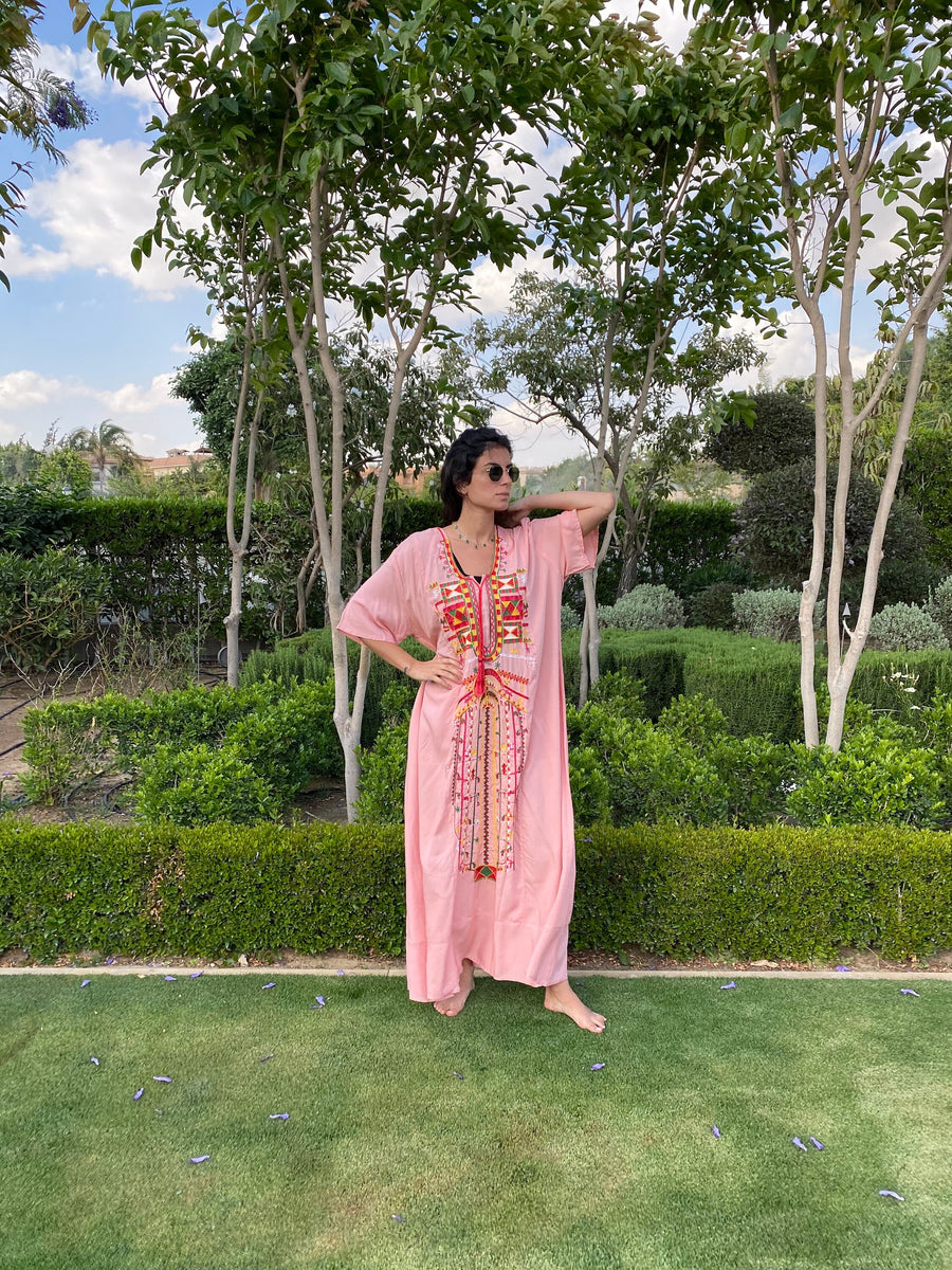 Siwa Pink Multicolor embroidered Kaftan dress, Cotton Kaftan, caftans for women, Summer Kaftan, Embroidered kaftan, caftans, Egyptian
