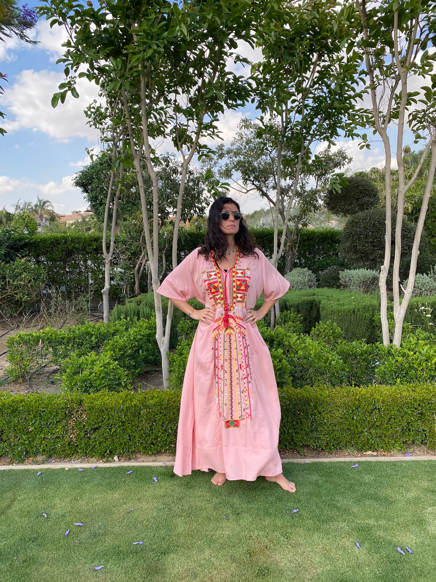 Siwa Pink Multicolor embroidered Kaftan dress, Cotton Kaftan, caftans for women, Summer Kaftan, Embroidered kaftan, caftans, Egyptian