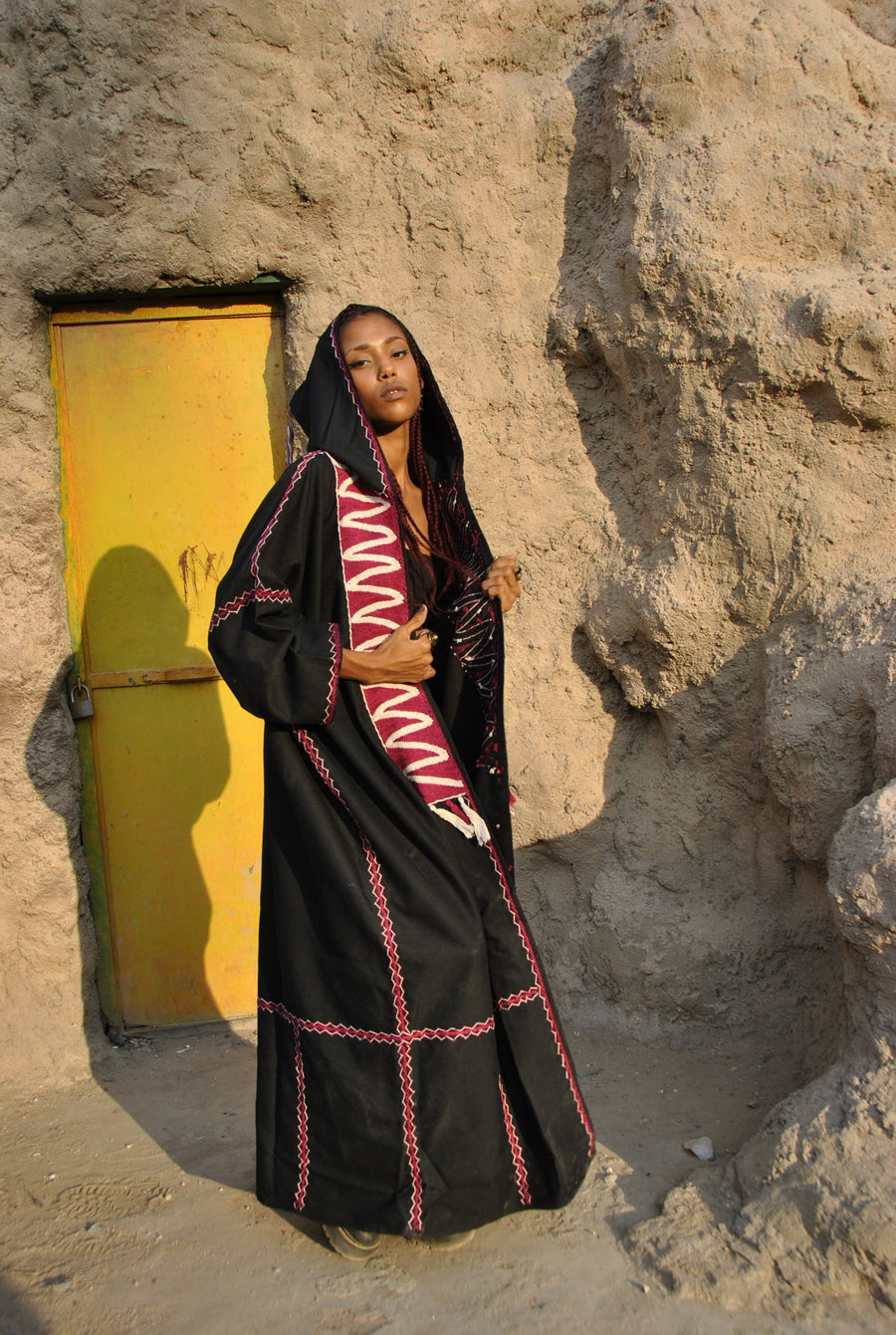 Bedouin hooded hand embroidered Kimono, Black Winter embroidered coat, Bohemian winter Kimono, Long black coat, Siwa Kimono, Wool cloak