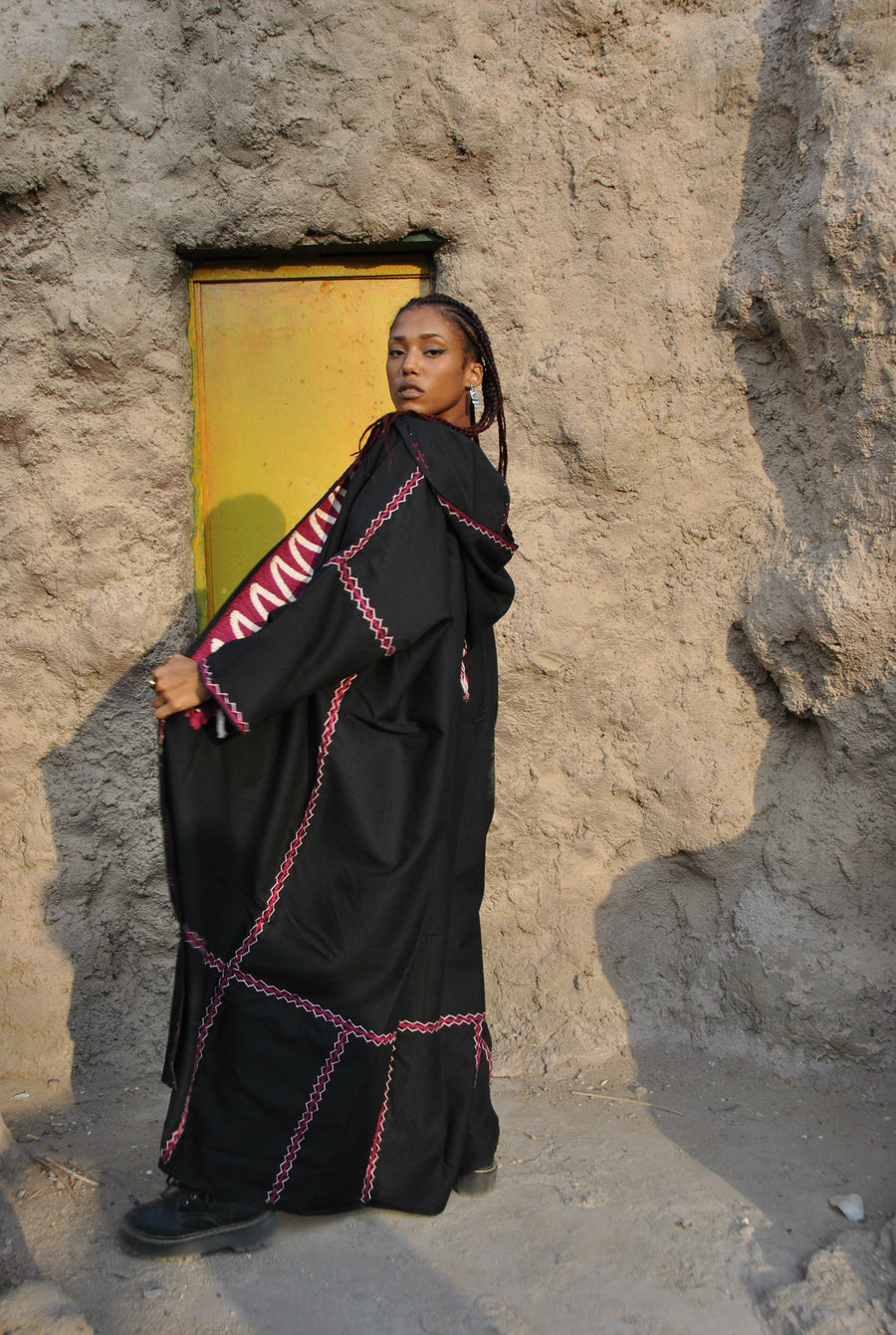 Bedouin hooded hand embroidered Kimono, Black Winter embroidered coat, Bohemian winter Kimono, Long black coat, Siwa Kimono, Wool cloak