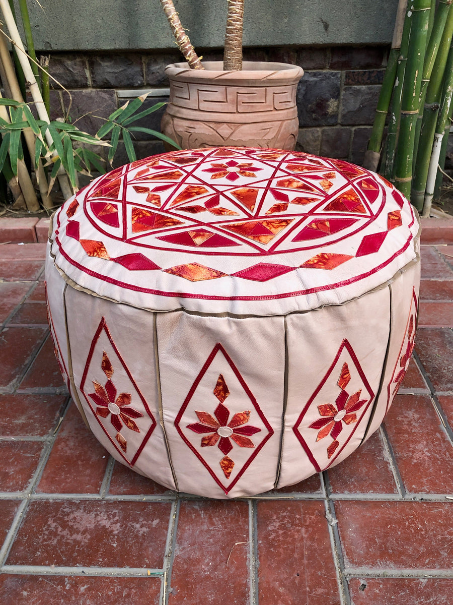 Unique Beige Moroccan pouf orange details, Large Leather Poufs, 9 inch x 19 inch pouf, Moroccan Pouf, Round Leather Pouf, Orange poufs