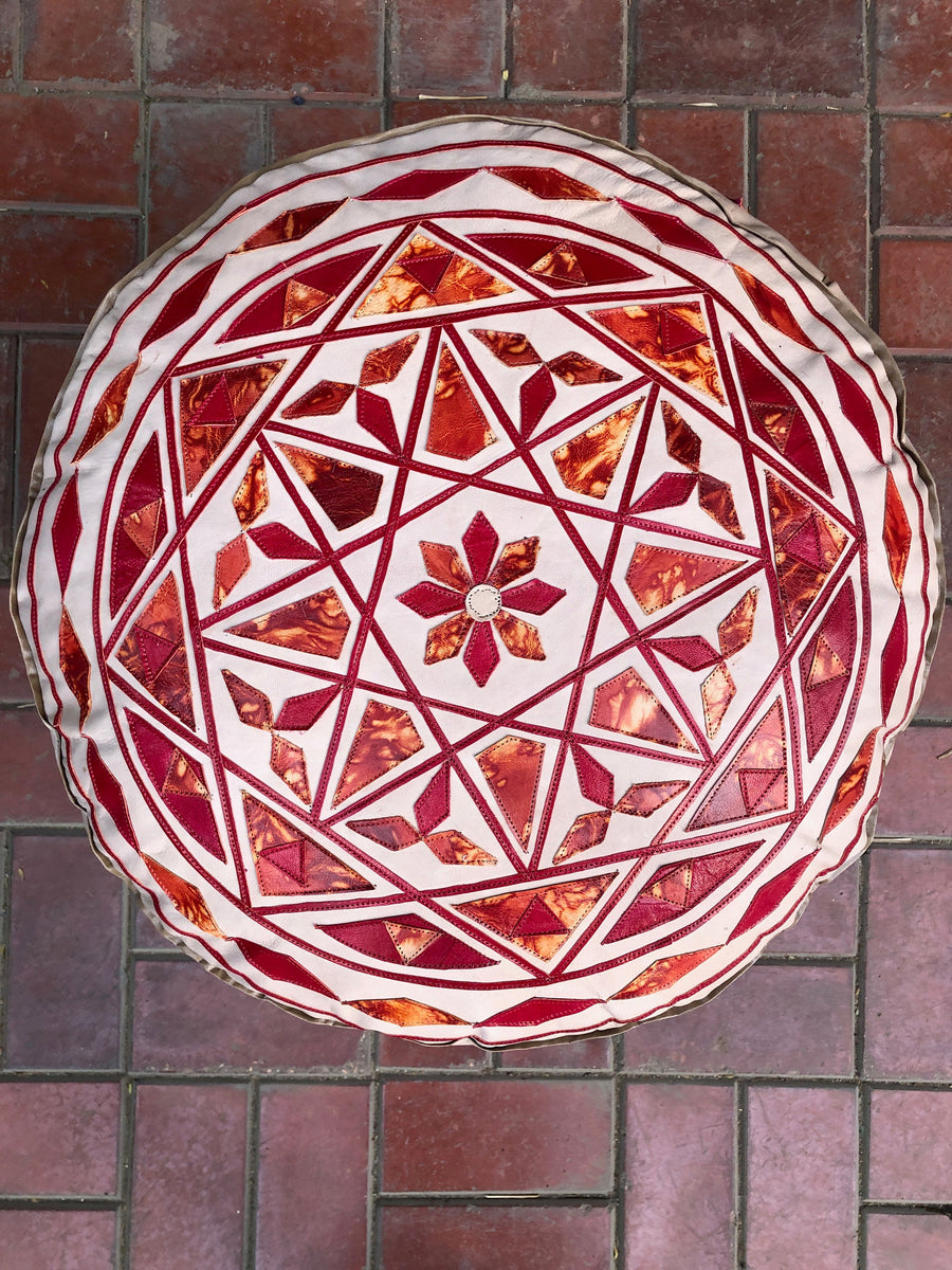 Unique Beige Moroccan pouf orange details, Large Leather Poufs, 9 inch x 19 inch pouf, Moroccan Pouf, Round Leather Pouf, Orange poufs