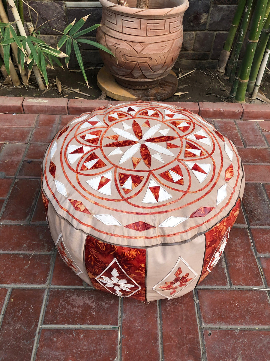 Eccentric Arabesque Moroccan pouf, Large Leather Poufs, One of a kind Pouf, Moroccan Pouf, Round Leather Pouf, Foot rest, bohemian pouf