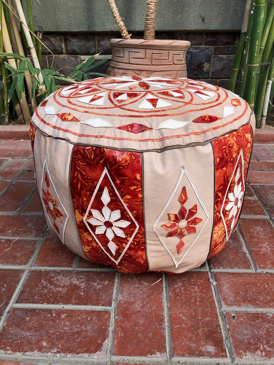 Eccentric Arabesque Moroccan pouf, Large Leather Poufs, One of a kind Pouf, Moroccan Pouf, Round Leather Pouf, Foot rest, bohemian pouf